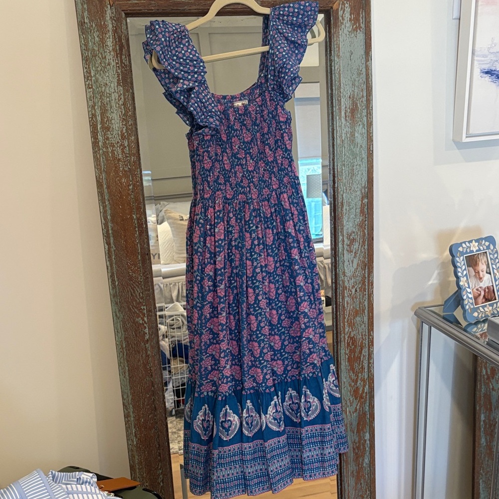 Mille Olympia Blue and Pink Smocked Midi Dress - size XS EUC